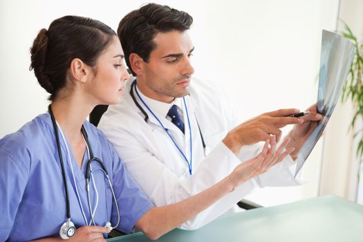 Serious doctors looking at a set of X-ray in an office