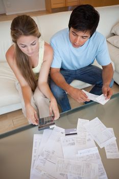 Portrait of a young couple looking at their bills in their living room