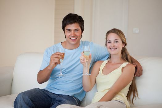 Couple drinking a glass of wine in their living room