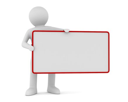 man holds the poster in a hand. 3D image