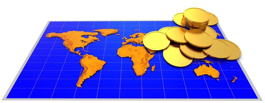 Coins over world map on the white background