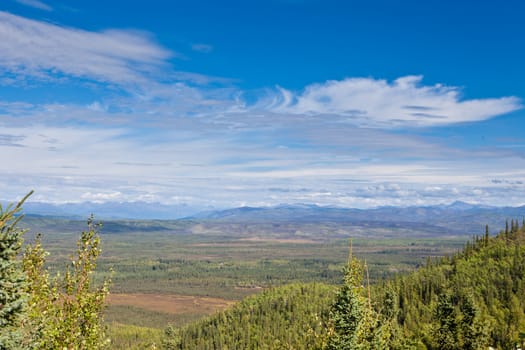 Boreal forest of central Yukon Territory, Canada, with Ogilvie Mountains range in the distance on the horizon