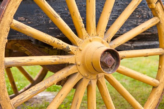 Old painted yellow wooden wagon wheel with spokes radiating from the hub on the axle of old cart