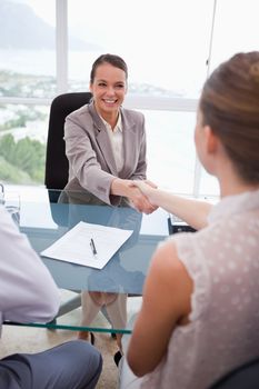 Business partners shaking hands after signing contract