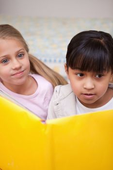 Portrait of schoolgirls reading in a classroom