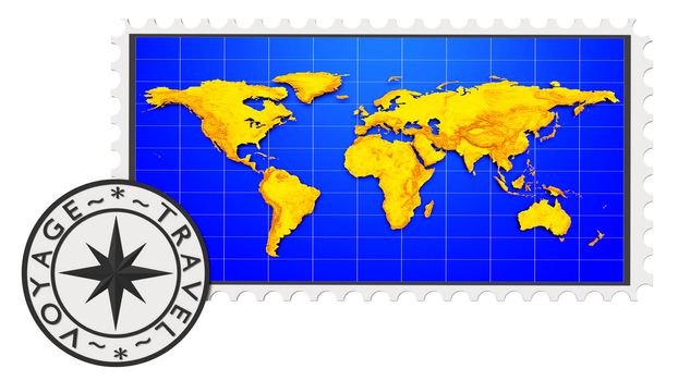 The world map in the form of post mark and a stamp with the text.