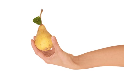 Yellow pear with a green leaf in hand