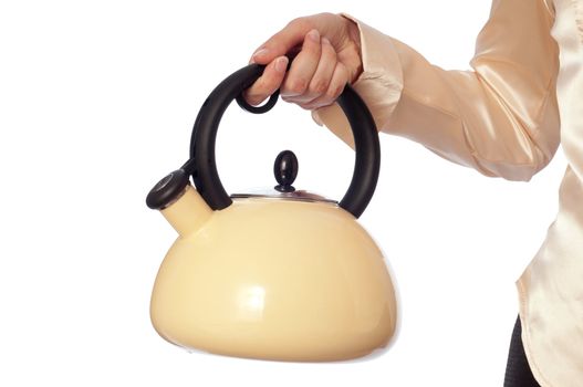 Office worker holds a teapot with boiled water for tea