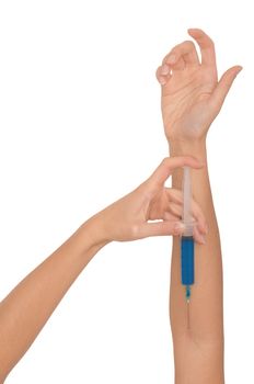 Woman use syringe with a new synthetic hard drugs for escape from reality