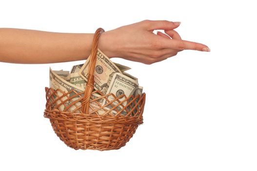 woman holding a basket with money for buying some goods