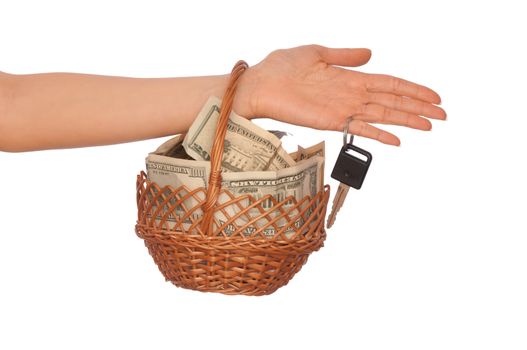 woman holding a basket with money for buying some goods
