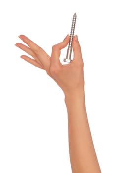 woman holding a big bolt in the hand