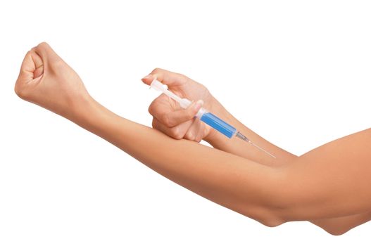 Woman use syringe with a new synthetic hard drugs for escape from reality