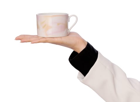 woman takes to hand the one cup of tea