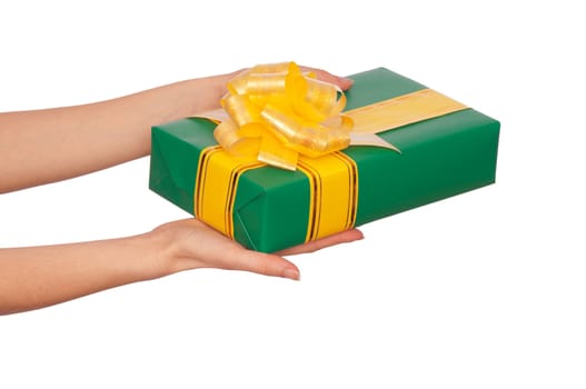 woman giving a green box with yellow ribbon as a gift