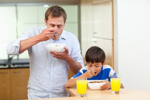 Father and son having cereals together