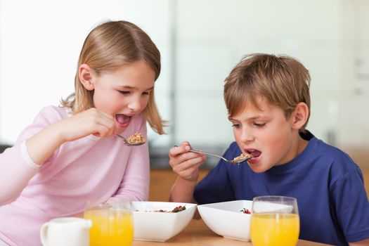 Young children having breakfast in a kitchen