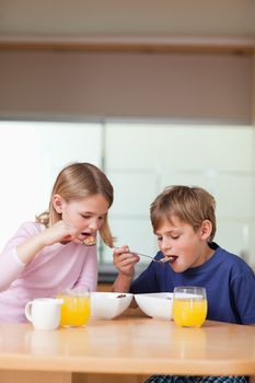 Portrait of children having breakfast in a kitchen