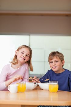 Portrait of young children having breakfast in a kitchen