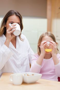 Portrait of a charming mother and her daughter having breakfast in a kitchen