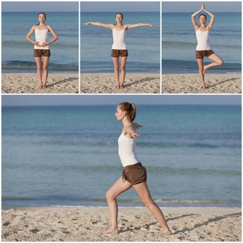Young sporty woman doing sport yoga on the beach in the sand on the beach in the sun