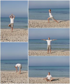 Young athletic man doing sport yoga on the beach in the sand on the beach in the sun