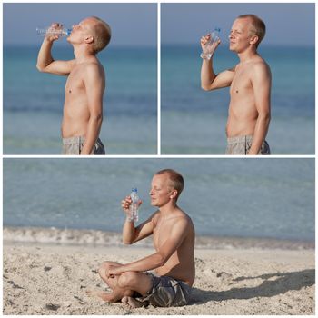 Young man young drinking refreshing water from a bottle on the beach by the sea in summer vacation