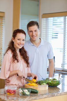 Male watching his girlfriend preparing a green salad