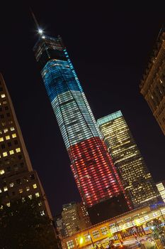 NEW YORK CITY - SEPTEMBER 17: One World Trade Center (known as the Freedom Tower) is shown under new  illumination on September 17, 2012 in New York, New York.