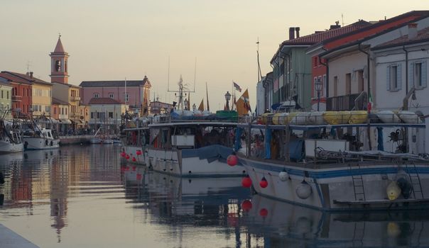 View of of the Italian city of Cesenatico at sunset