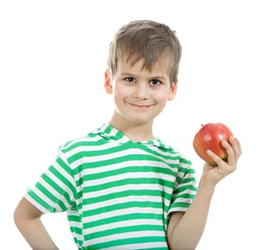 Boy holding an apple isolated on white background