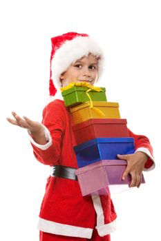 Boy holding a christmas gift isolated on white background