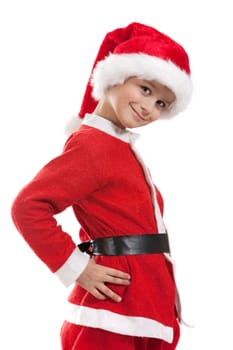 Boy dressed as Santa Claus isolated on white background