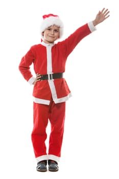 Boy dressed as Santa Claus isolated on white background