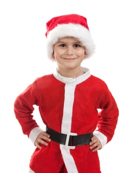 Boy dressed as Santa Claus isolated on white background