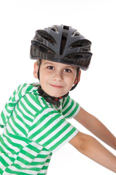 Boy bicyclist with helmet isolated on white