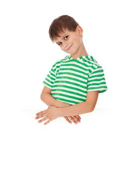 Boy holding a banner isolated on white background