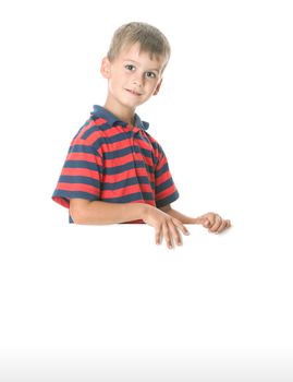 Boy holding a banner isolated on white background