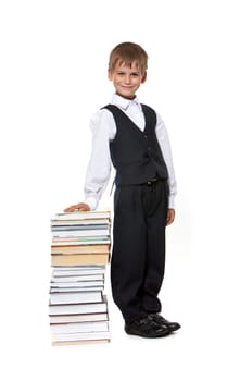 Boy and books isolated on a white background