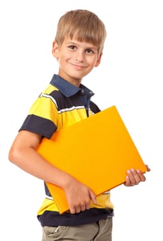 School boy is holding a book isolated on white background