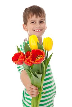 Young boy holding tulips isolated on white