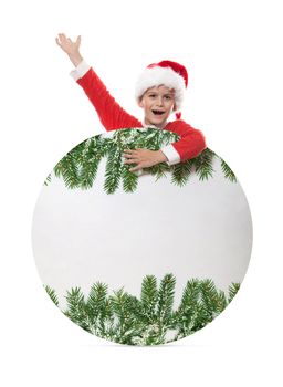 Boy holding a poster isolated on white background