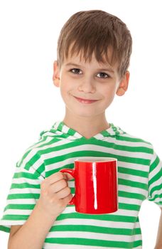 Boy holding a red cup isolated on white