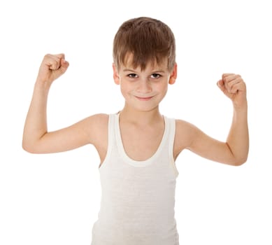 Boy showing his muscle on white background