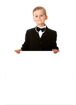 Boy holding a banner isolated on white background