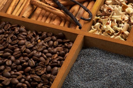 Background of Bakery Ingredients with Vanilla, Cinnamon, Poppy Seed and Lemongrass close up