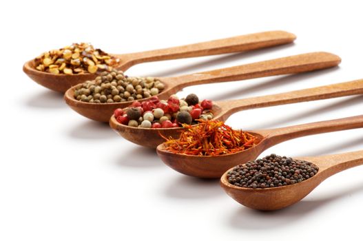 Five Wooden Spoons with Black Whole Grain Mustard, Saffron, Pepper, Coriander and Dried Chili isolated on white background