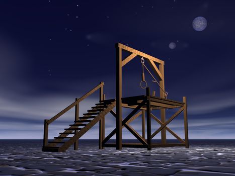 Medieval gallows made of wood by night with full moon