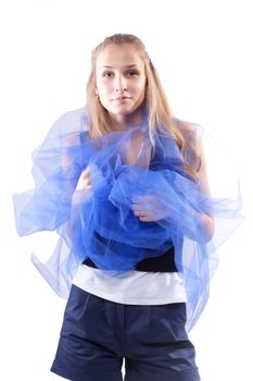 beautiful woman wrapped in blue tulle studio shooting