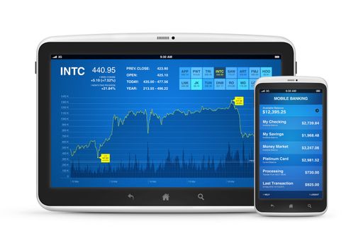 Stock market data and mobile banking interface on modern digital tablet with mobile smart phone. Isolated on white.